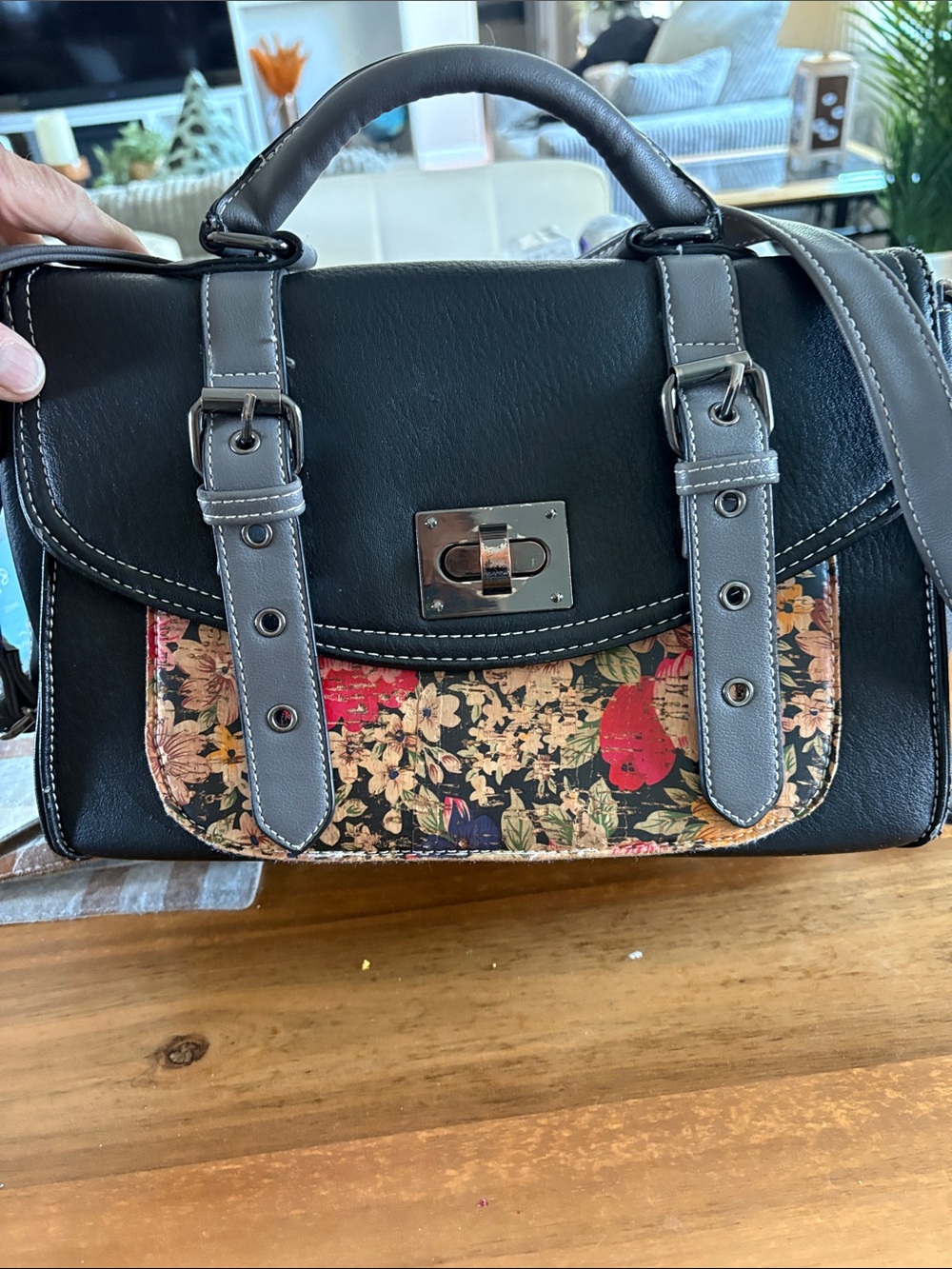 Black Floral Accent Satchel Handbag